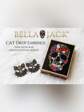 NWT Bella Jack Cat Drop Earrings Gold Tone Rhinestone Halloween